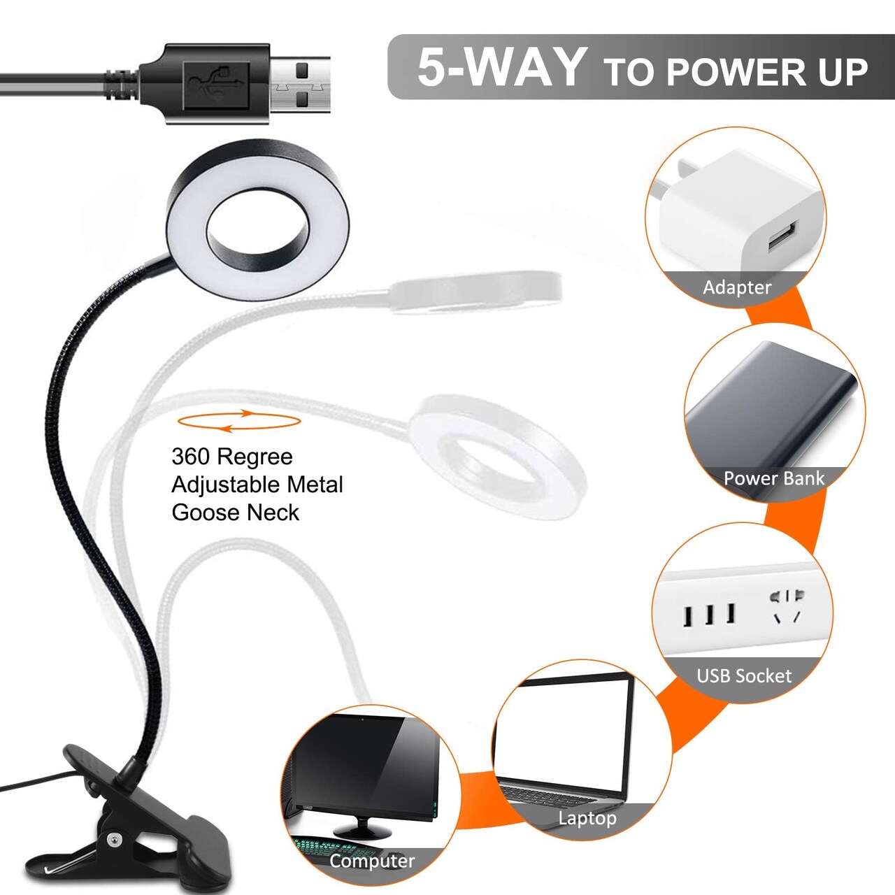 Clip on Light Reading Lights, 48 LED USB Desk Lamp with 3 Color Modes 10 Brightness, Eye Protection Book Clamp Light, 360 ° Flexible Gooseneck Clamp Lamp for Desk Headboard Video Conferencing